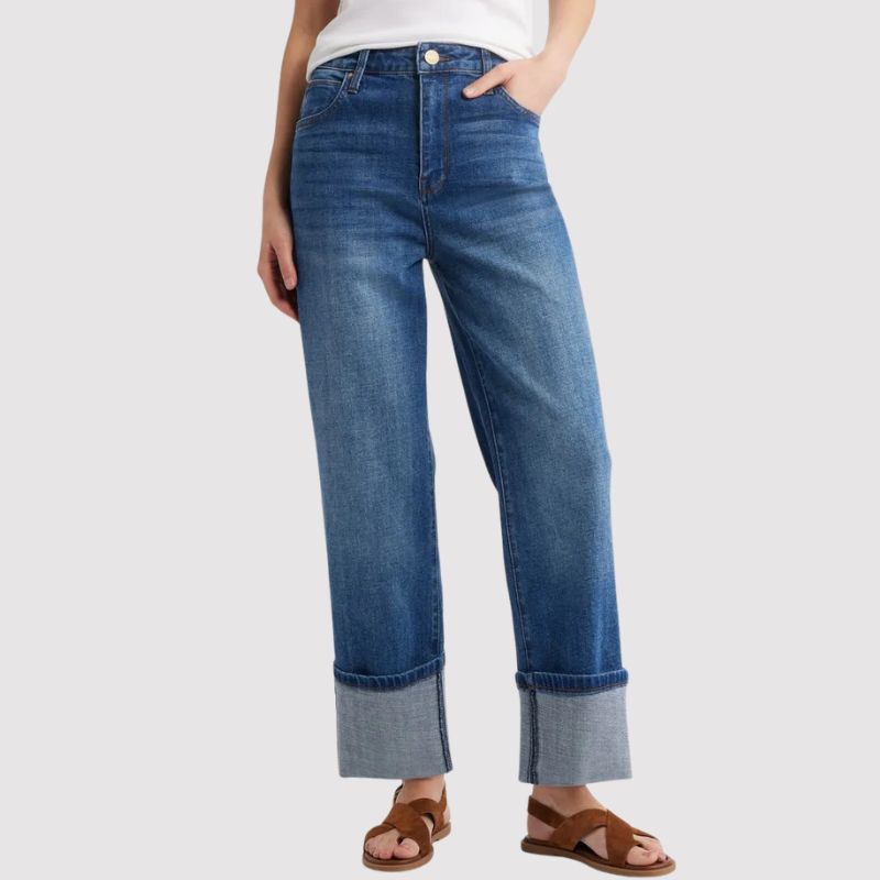 KUT from the Kloth Sienna Cuffed Wide Leg Jeans on model 