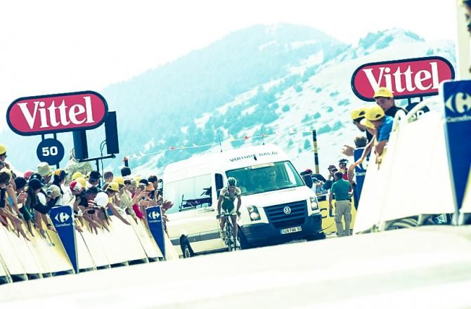 More than 50 minutes after Chris Froome won on Mont Ventoux, the day's final finisher, Jonathan Hivert (Sojasun) approaches the finish line.