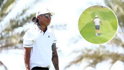 Main image of Anthony Kim at LIV Golf Jeddah - inset picture a screenshot of Kim shanking his iron shot
