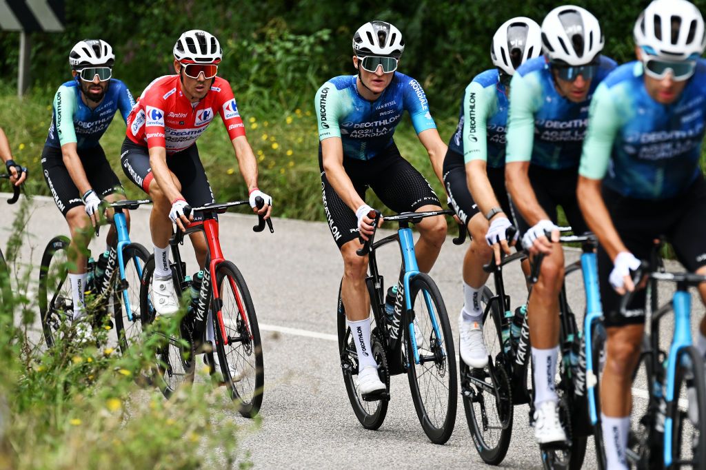 LAGOS DE COVADONGA SPAIN SEPTEMBER 03 LR Valentin ParetPeintre of France Ben OConnor of Australia Red Leader Jersey and Felix Gall of Austria and Team Decathlon AG2R La Mondiale compete during the La Vuelta 79th Tour of Spain 2024 Stage 16 a 1815km stage Luanco to Lagos de Covadonga 1069m UCIWT on September 03 2024 in Lagos de Covadonga Spain Photo by Tim de WaeleGetty Images