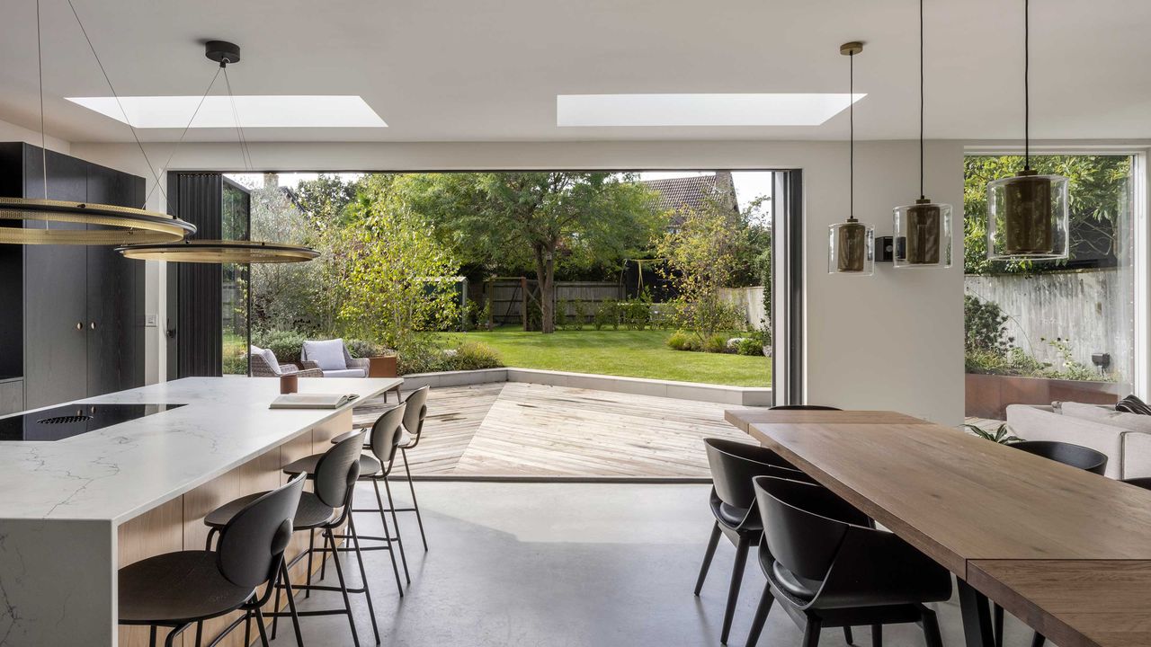 kitchen diner extension with large bifold doors leading to deck