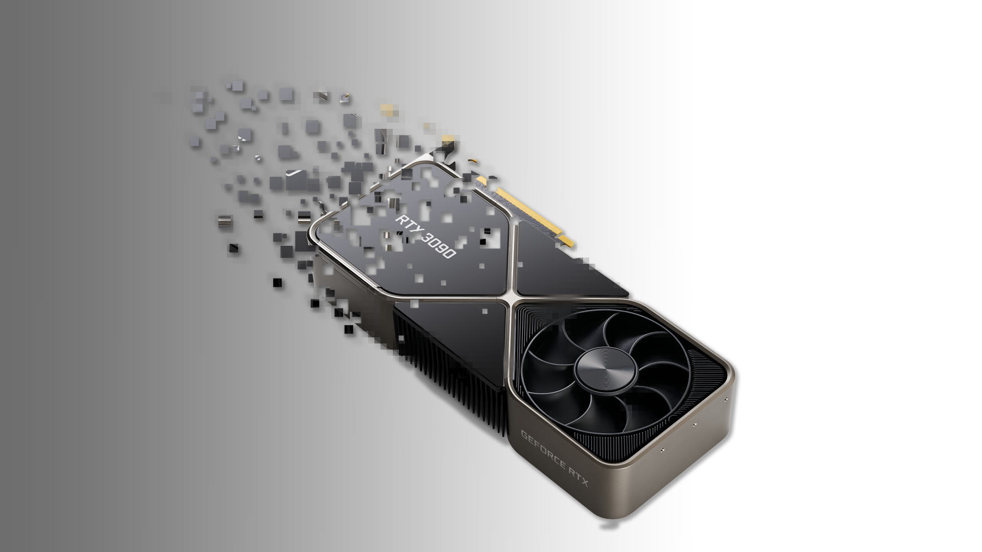 Una Nvidia GeForce RTX 3090 desintegrándose en píxeles sobre un fondo degradado gris