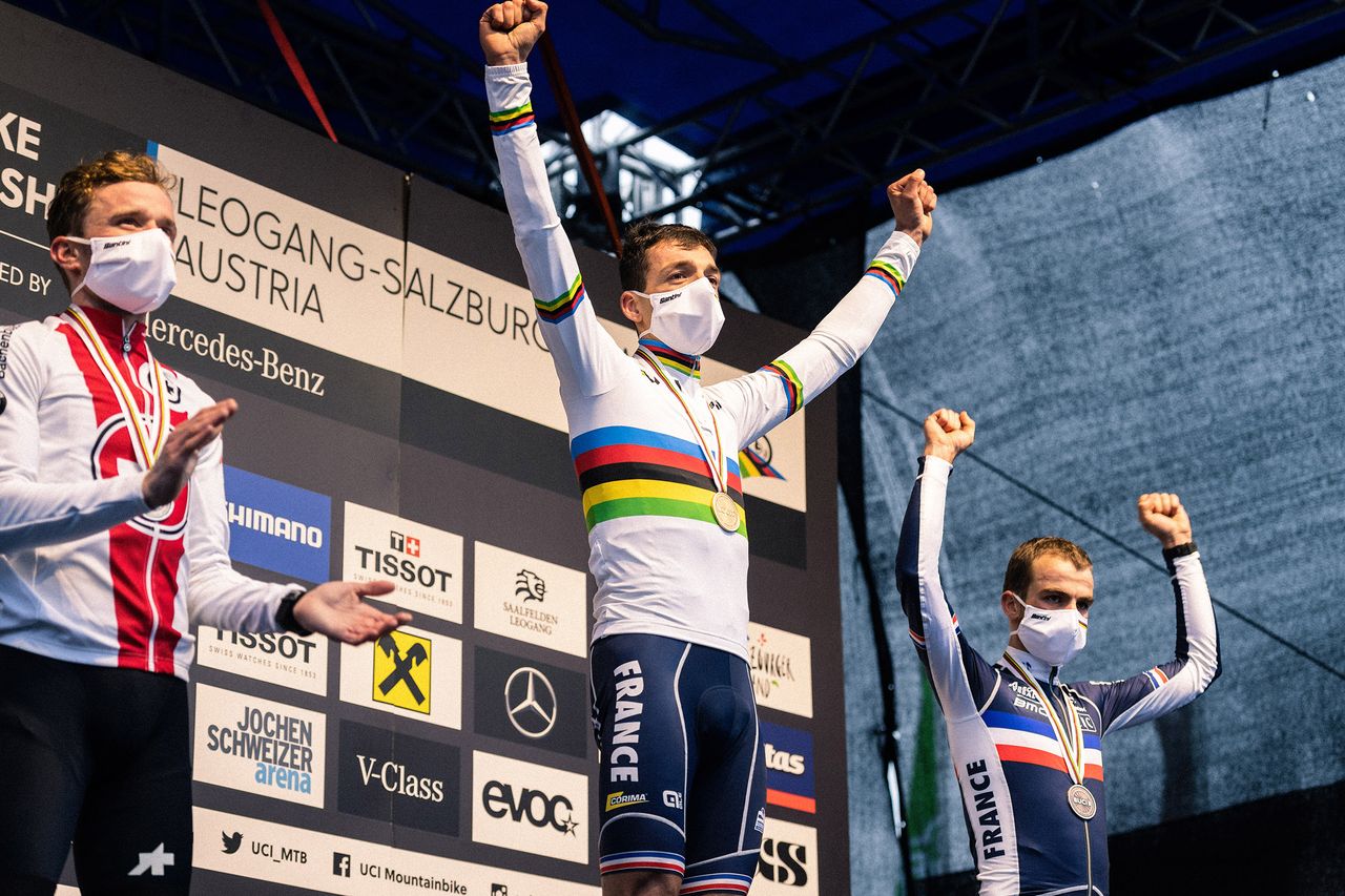 2020 UCI Mountain Bike World Championships elite men's podium: l to r - Mathias Flueckiger, Jordan Sarrou, Titouan Carod
