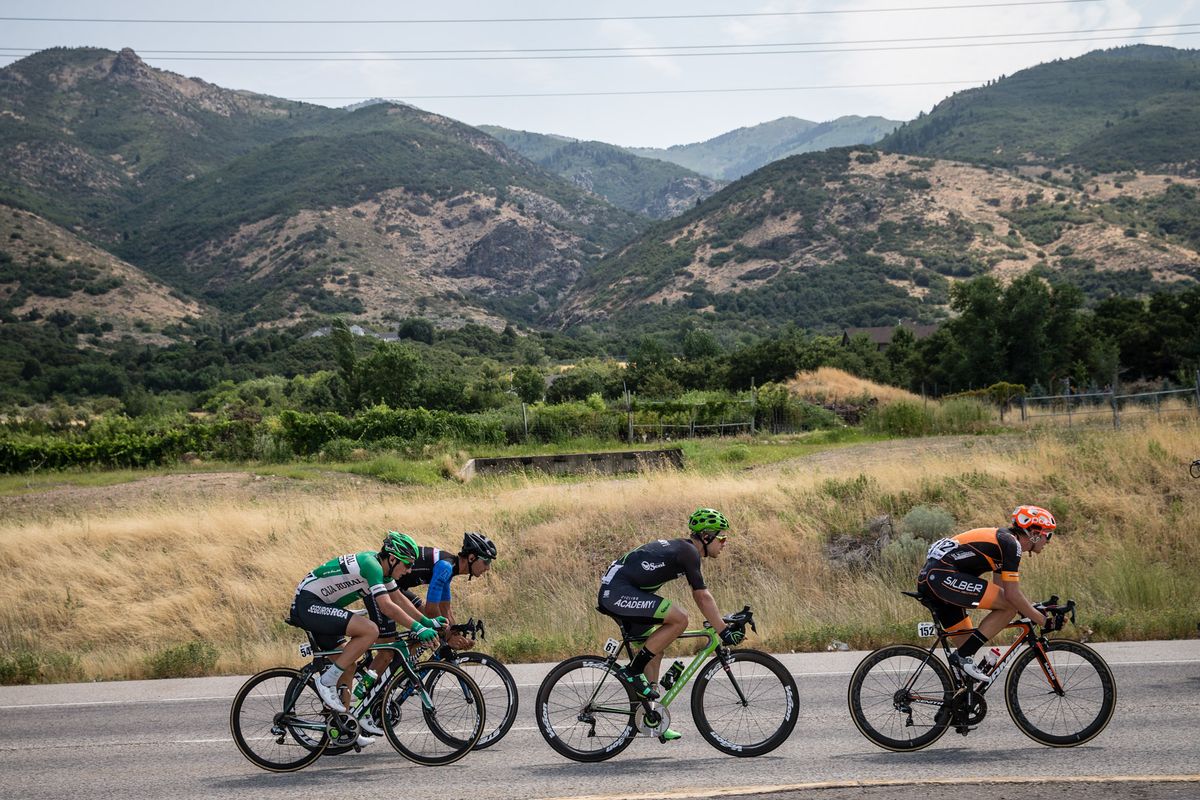 Boivin, Oien, Halilaj and Cote approach Bountiful during stage 5 at the Tour of Utah