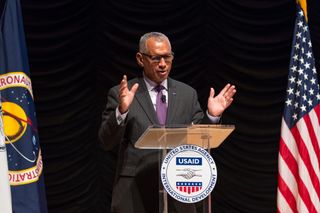 NASA Administrator Charles Bolden speaks about the partnership between NASA and the United States Agency for International Development (USAID) at the USAID town hall on Thursday, September 17, 2015 in Washington, DC.