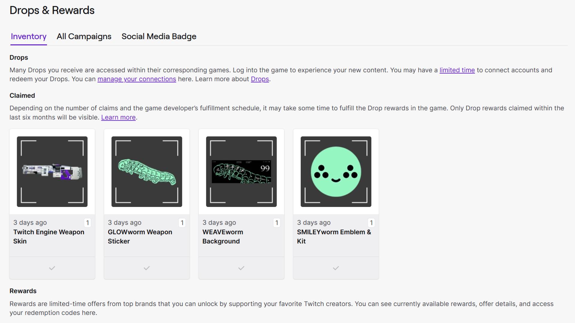 Marathon Twitch inventory showing claimed marathon drops