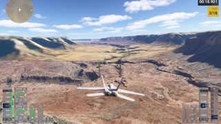 A screenshot from Microsoft Flight Simulator 2024 showing a fighter jet flying over rocky desert