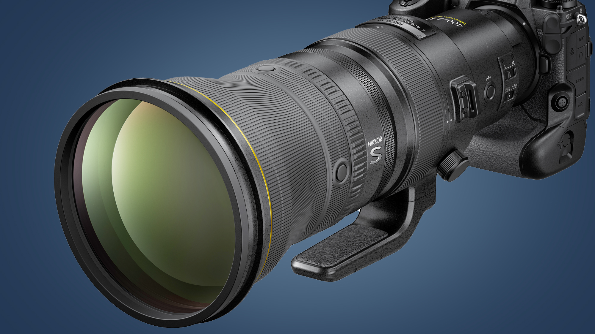 The Nikon Z 400mm f/2.8 super-telephoto lens on a blue background