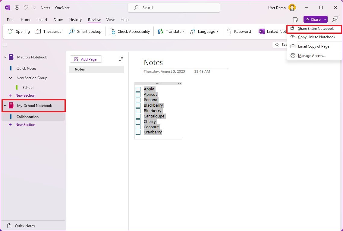 Общий доступ к записной книжке OneNote