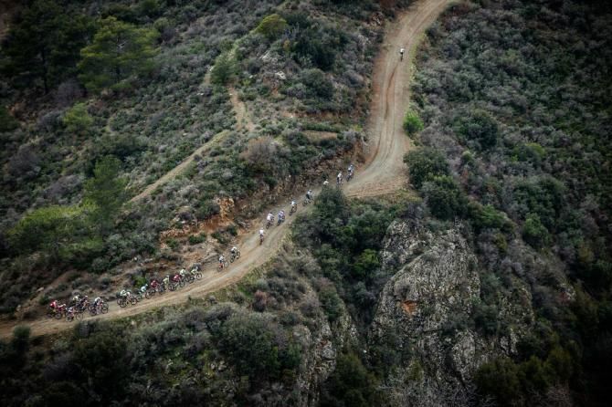 An aerial view of the peloton