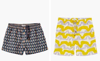 Two pairs of swim trunks. Left, a short pair with a blue and pink pattern. Right, a long pair with a white and yellow pattern.