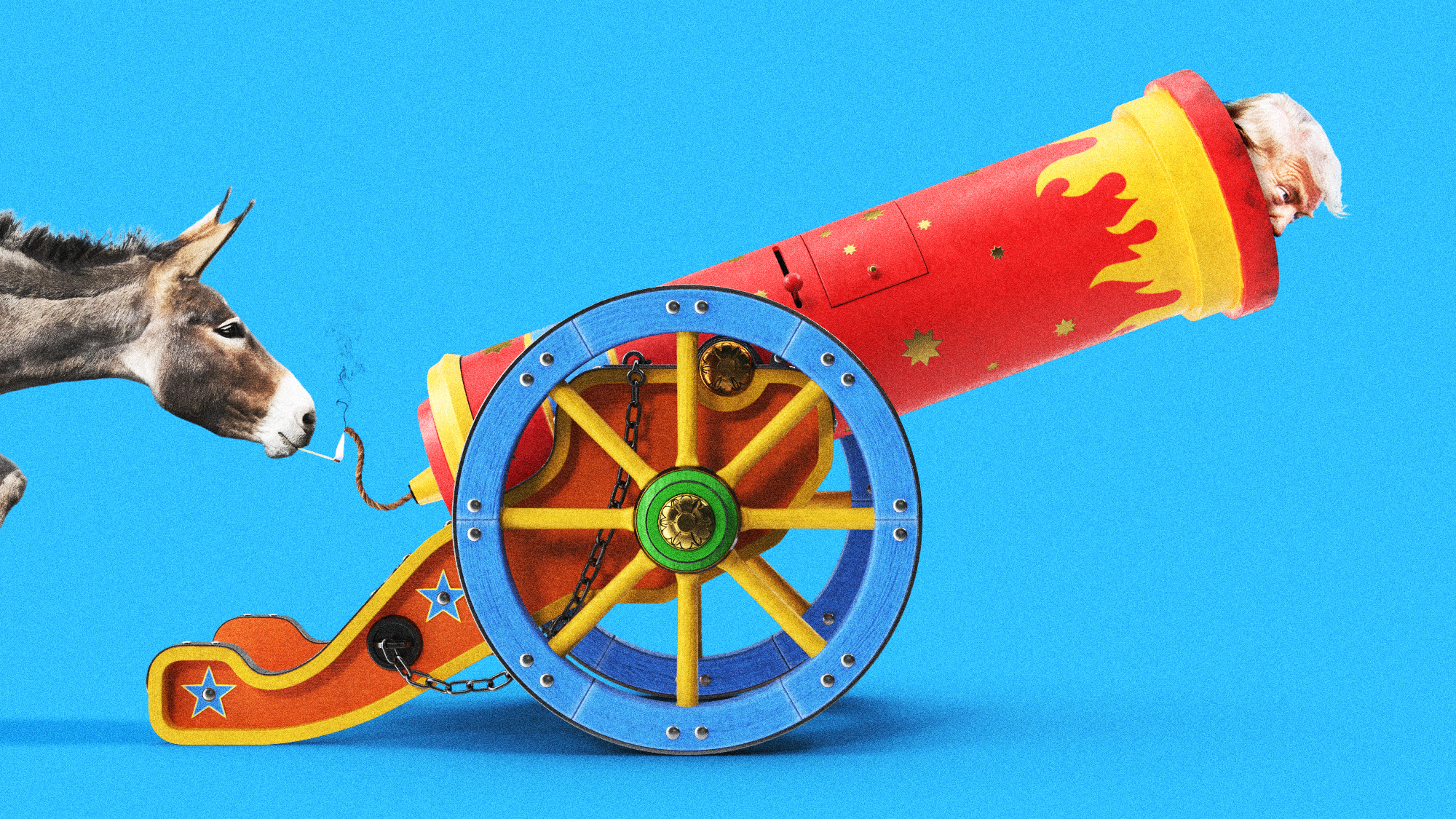 Photo composite illustration of Donald Trump as a human cannonball, with a Democrat donkey lighting the cannon