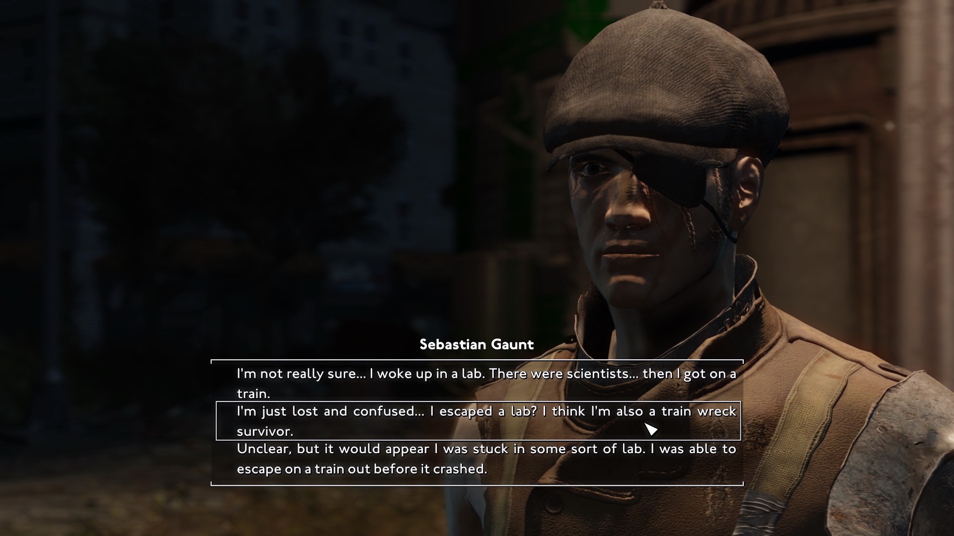 Chatting with Vagabonds leader Sebastian Gaunt and telling him about your train crash in Fallout: London.