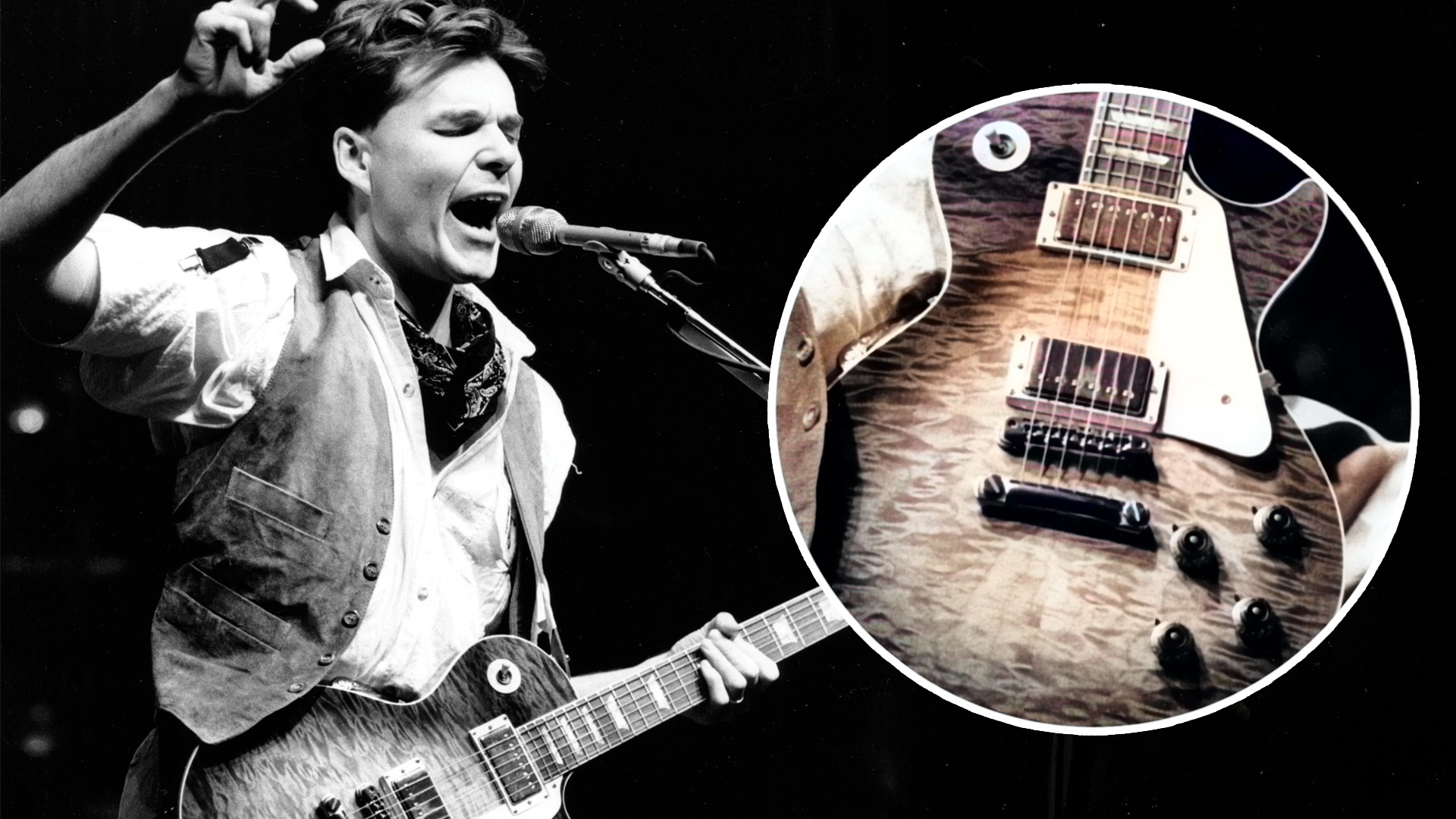 Scottish guitarist Stuart Adamson, with the band 'Big Country', performing on stage in Russia, October 4th 1988.