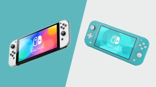 Nintendo Switch OLED et Switch Lite côte à côte sur un fond de couleur partagée