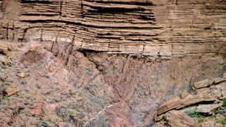 The Grand Canyon's Great Unconformity where Vishnu Schist lies below sedimentary Tapeats Sandstone.
