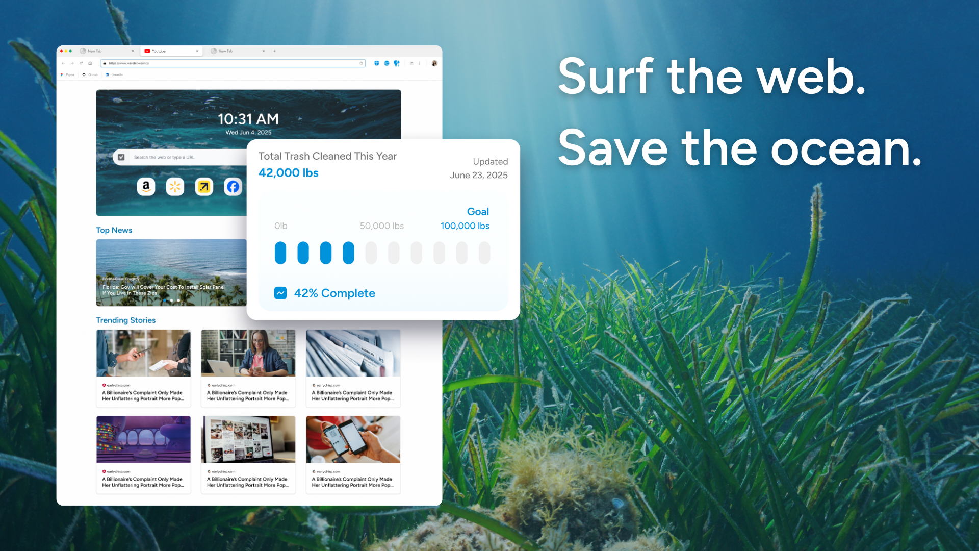 The Wave Browser UI and an ocean scene as background.