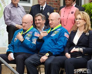 Mark and Scott Kelly with their new mayoral medals at West Orange, NJ town hall May 19, 2016.