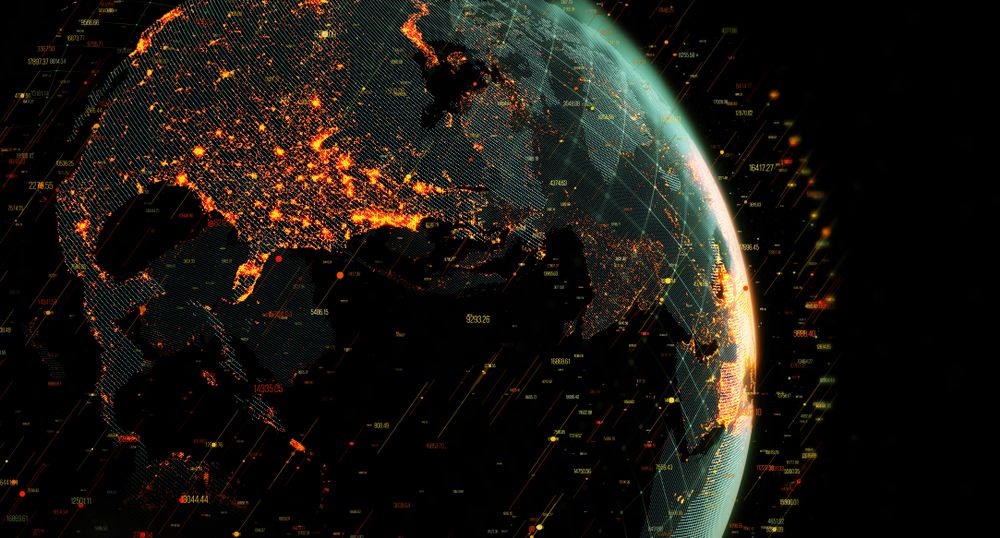 An illustration of the earth seen from space, surrounded by data