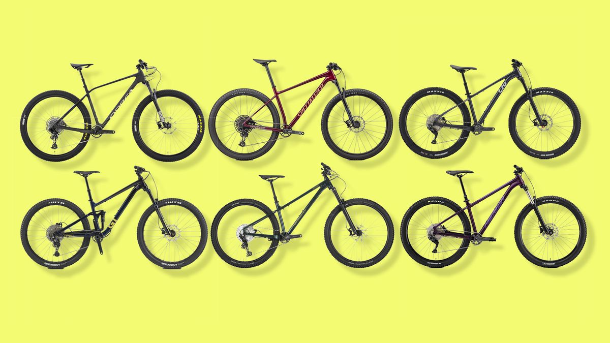 a selection of the best deals on budget mountain bikes on a yellow background