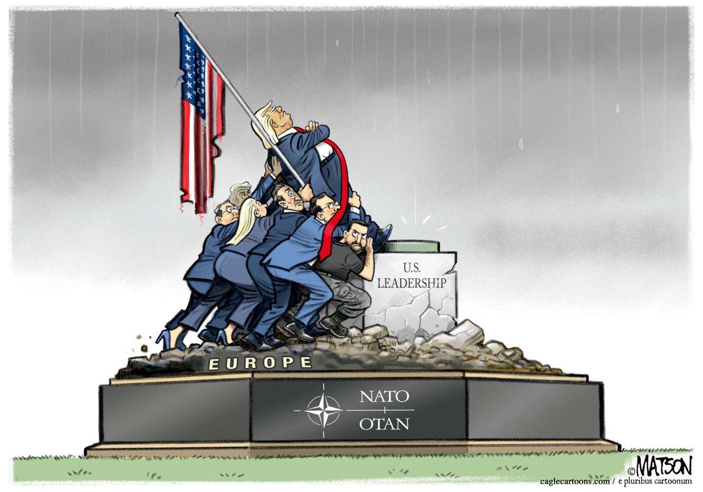 
                                This cartoon depicts leaders of NATO countries and Volodymyr Zelenskyy trying to push a reluctant Donald Trump atop a crumbling pedestal labeled “U.S. Leadership”. One carries an American flag that is torn and tattered.
                            