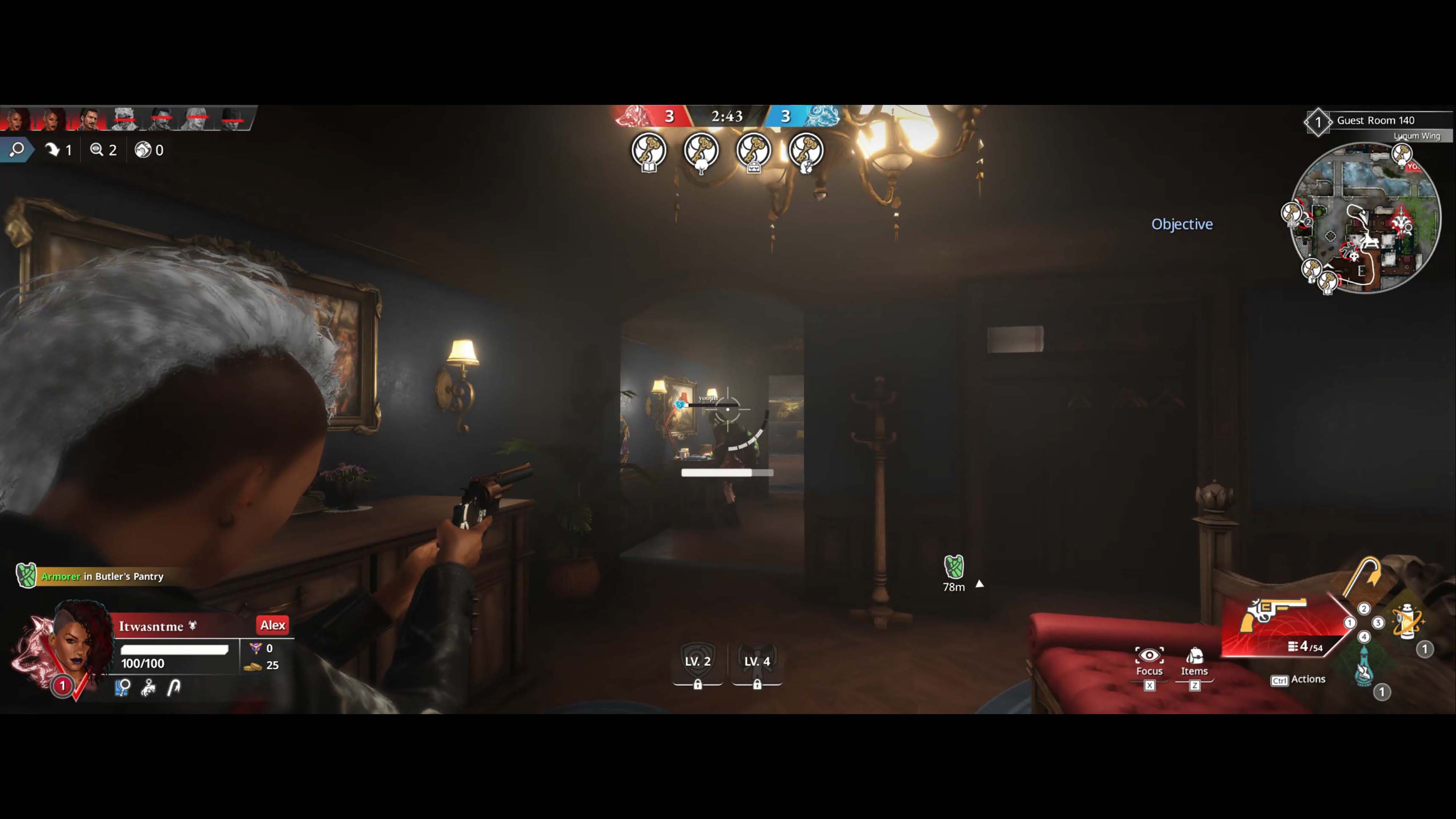 A screenshot from Killer Inn depicting someone holding a gun and targeting another player.