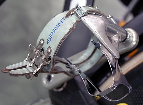 Old-style toe clips on Virginie Cueff's Look