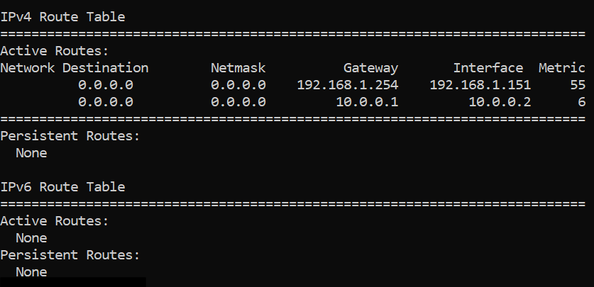 Screenshot showing IPv4 and IPv6 route table while connected to Turbo VPNs Lepus protocol