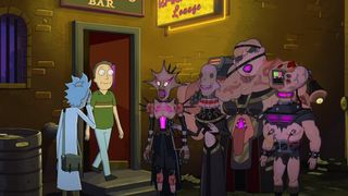 Jerry and Rick entertaining the denizens of hell in Rick and Morty.