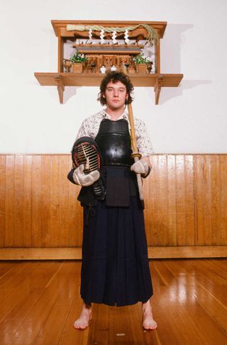 Paul Di'Anno wearing a Japanese Kendo uniform at Nippon Budokan, Tokyo, Japan, May 1981