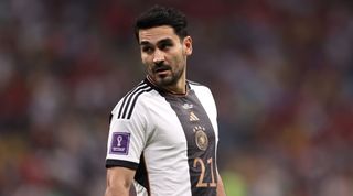 Ilkay Gundogan of Germany looks on during the FIFA World Cup 2022 group stage match between Spain and Germany at the Al Bayt Stadium on 27 November, 2022 in Al Khor, Qatar.