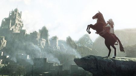 Assassin's Creed protagonist rides on a horse with a mountain in view