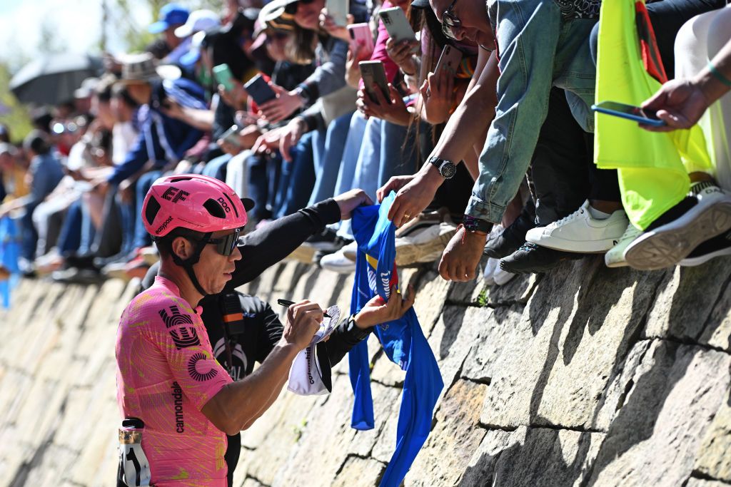PAIPA COLOMBIA FEBRUARY 07 Rigoberto Uran of Colombia and Team EF Education EasyPost signing autographs prior to 4th Tour Colombia 2024 Stage 2 a 1686km stage from Paipa to Santa Rosa de Viterbo 2751M on February 07 2024 in Paipa Colombia Photo by Maximiliano BlancoGetty Images