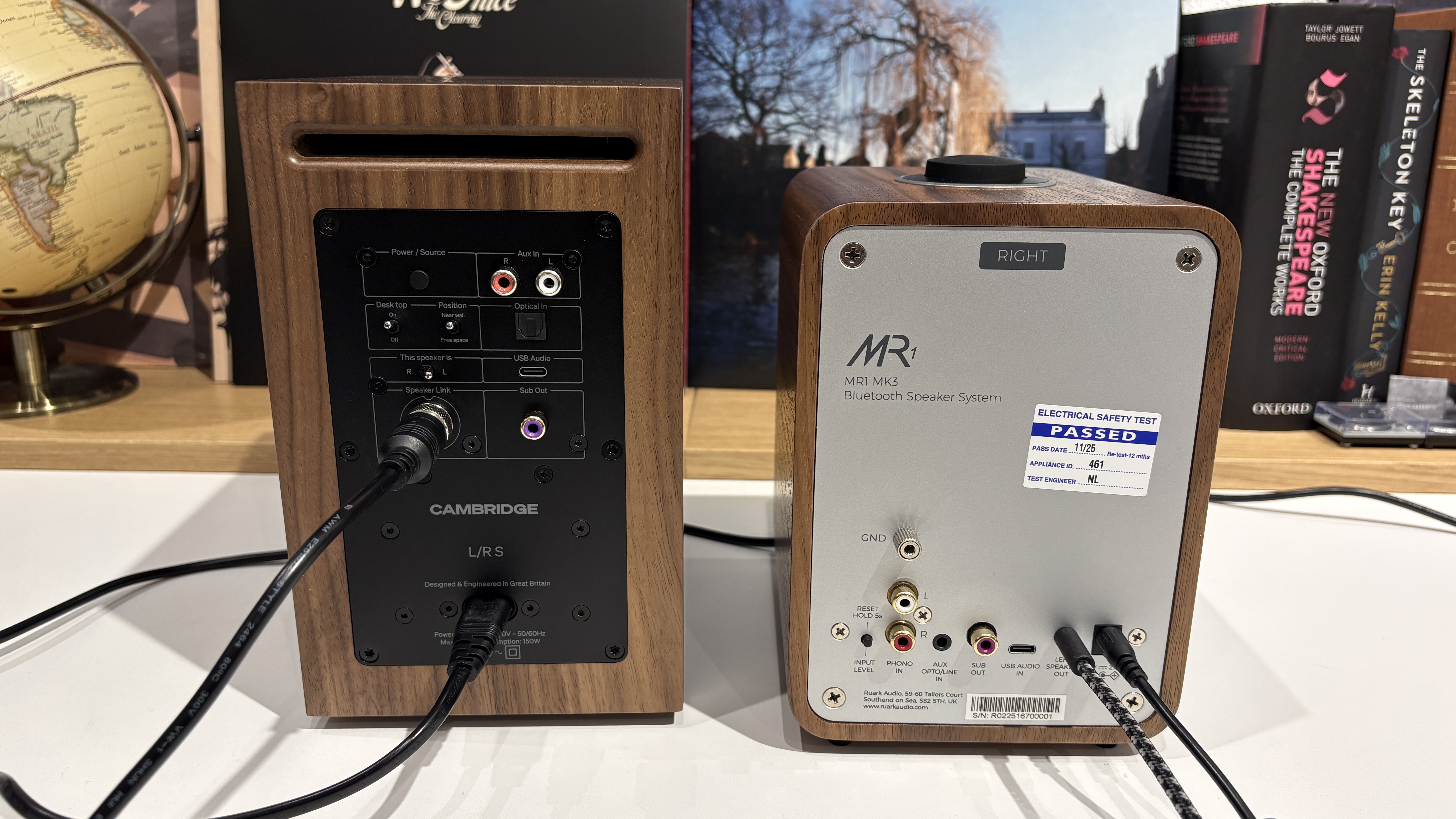 Ruark MR1 Mk3 and Cambridge L/R S speakers side-by-side on white table