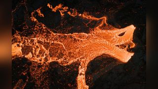 Lava in the shape of a dragon taken from above by a drone 