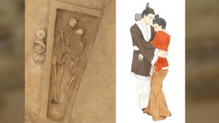 A photo of the lovers' remains next to an illustration of how they may have looked when they were first buried.