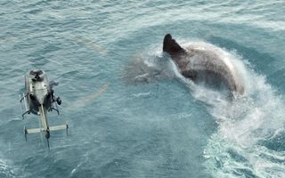 A huge Megalodon shark thrashes around on the big screen.