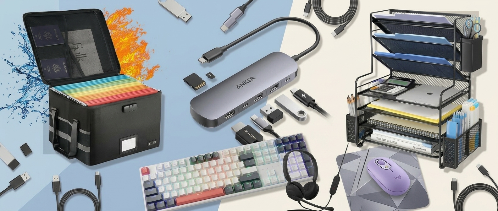 A selection of home office essentials popping off the screen