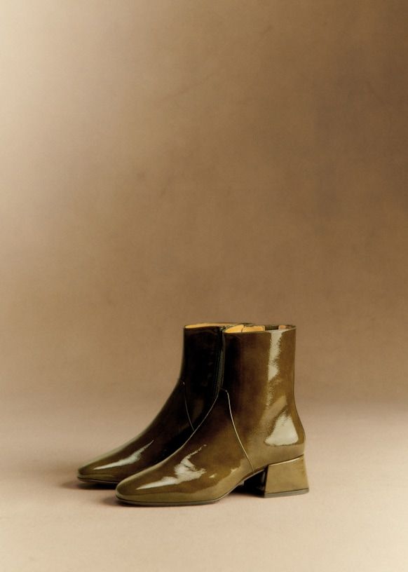 Paulette Low Boots - Patent Olive Green - Patent Cowide Leather - Sézane