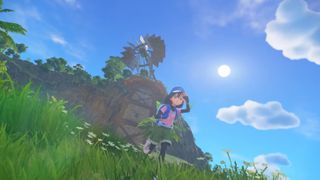 In Pokemon Winds and Waves the trainer runs across a grassy field in front a windmill in the background as the sun hangs in the sky