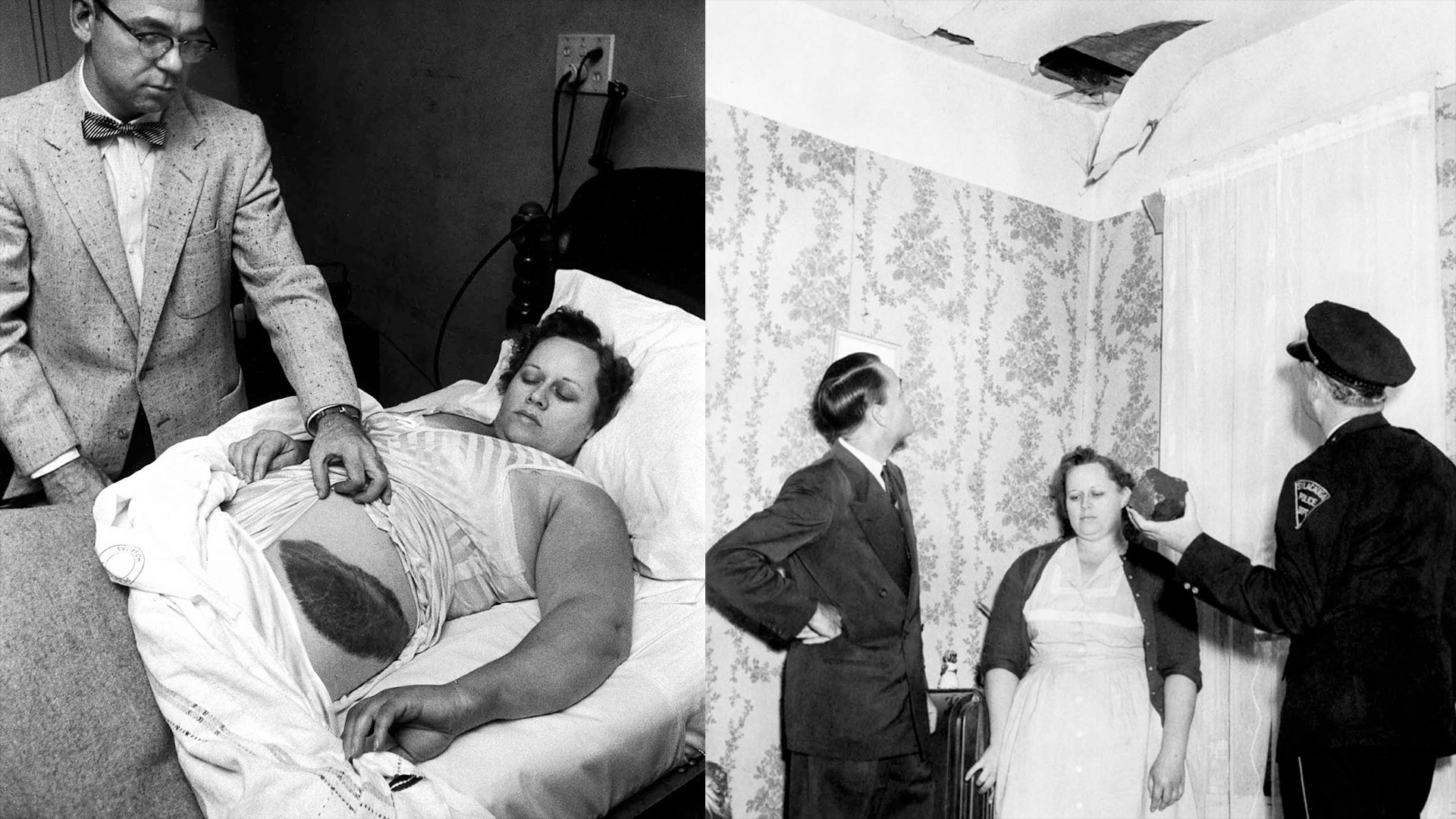 black and white photos of the a woman in bed displaying a large bruise on her thigh and the same woman with authorities showing where a rock fell through her ceiling.