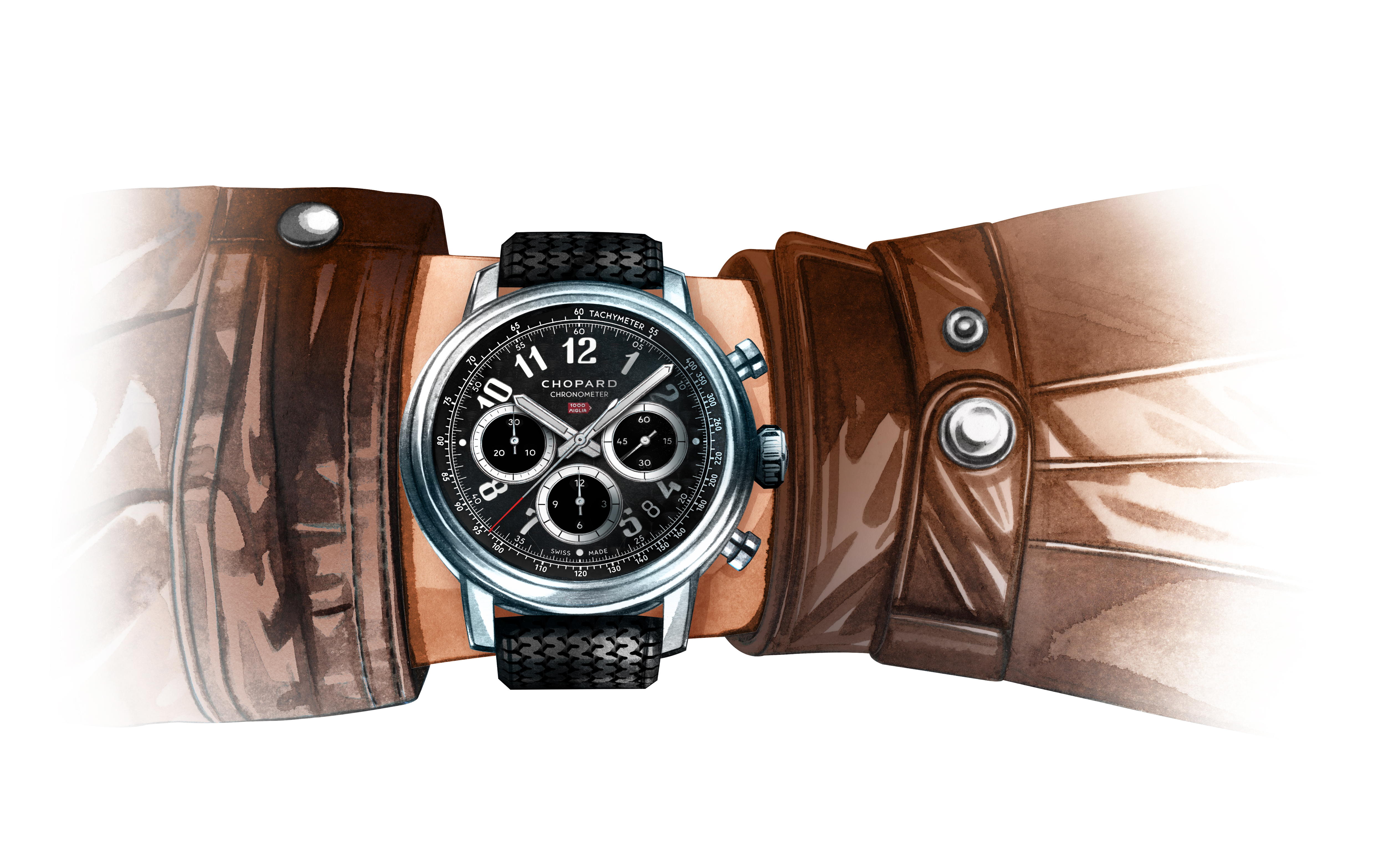 Black and brown watch illustration on man's wrist