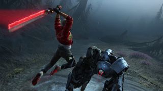 On Sempiria in an Intergalactic: The Heretic Prophet PS5 screenshot, Jodran leaps towards a robot with her glowing red sword