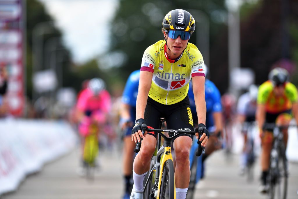 HARDENBERG NETHERLANDS AUGUST 25 Marianne Vos of Netherlands and Team Jumbo Visma Yellow Leader Jersey crosses the finishing line during the 23rd Simac Ladies Tour 2021 Stage 1 a 1344km stage from Zwolle to Hardenberg SLT2021 UCIWWT on August 25 2021 in Hardenberg Netherlands Photo by Luc ClaessenGetty Images
