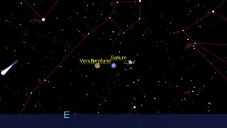 A graphic showing the positions of Venus, Neptune and Saturn in the eastern sky in the pre-dawn hours on the morning of May 8