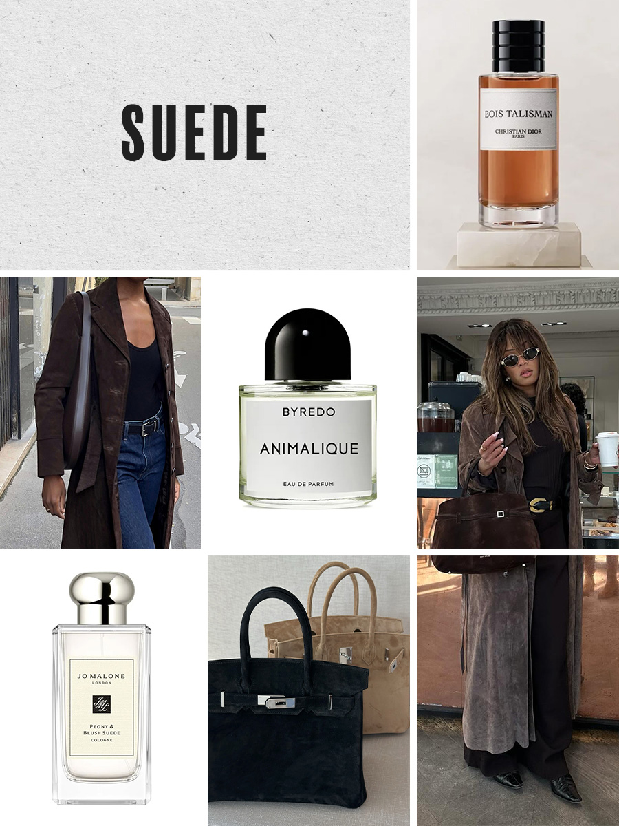 A collage of suede outfits and suede-inspired perfumes