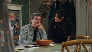 Cain and Moira Dingle talking in the kitchen 