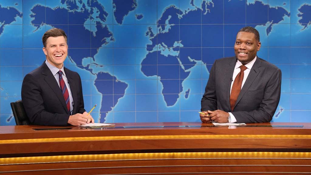 Colin Jost and Michael Che during &#039;Weekend Update&#039; on &#039;Saturday Night Live&#039; 