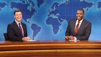 Colin Jost and Michael Che during 'Weekend Update' on 'Saturday Night Live' 