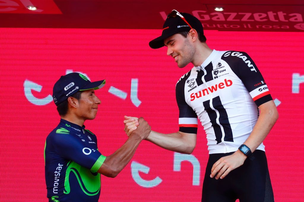 Nairo Quintana congratulates Tom Dumoulin after the Giro d'Italia.
